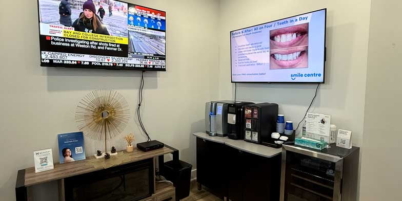 Patient waiting area with refreshment station at Markham Smile Centre